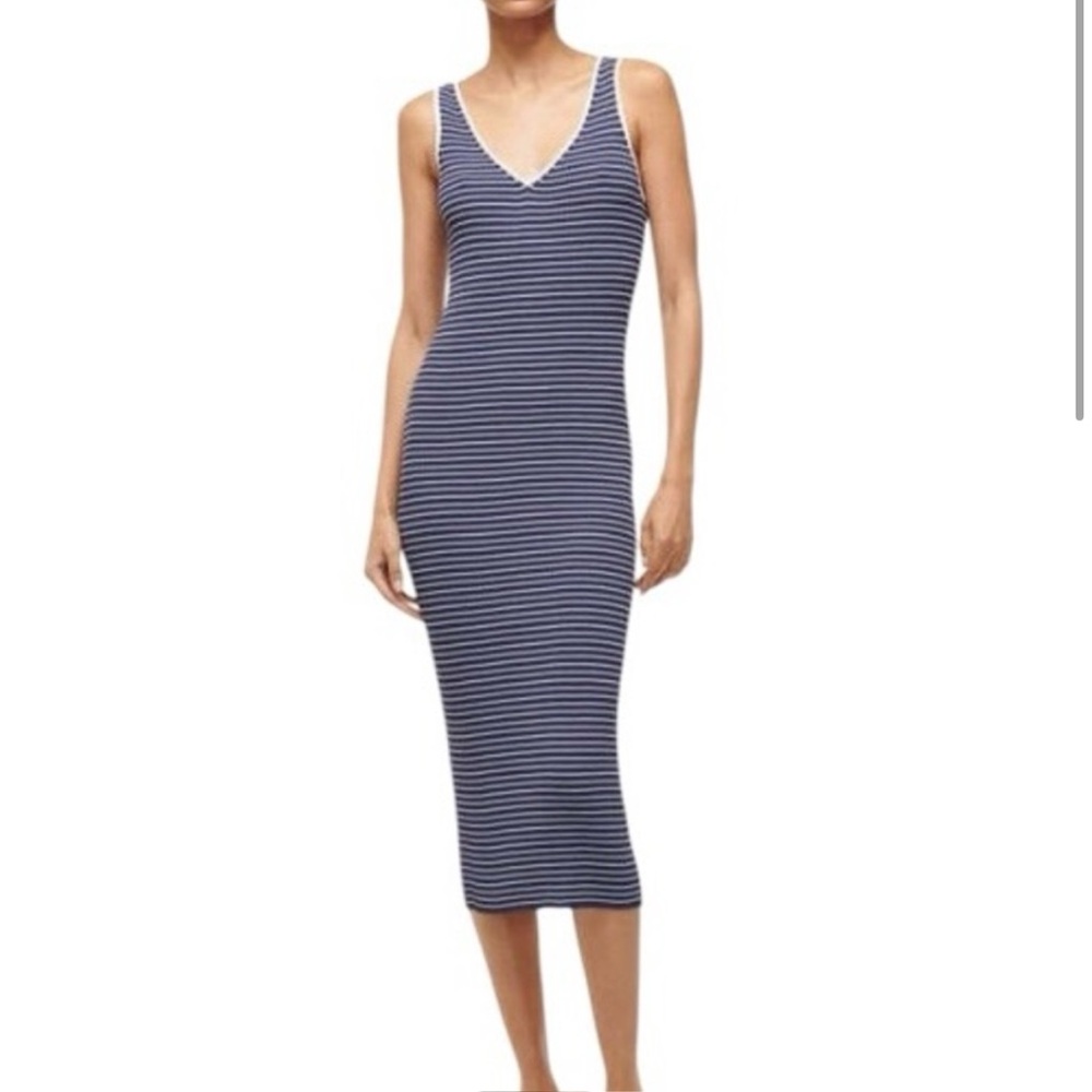 STAUD Dana Navy and White Micro Striped V-Neck Midi Dress NWT